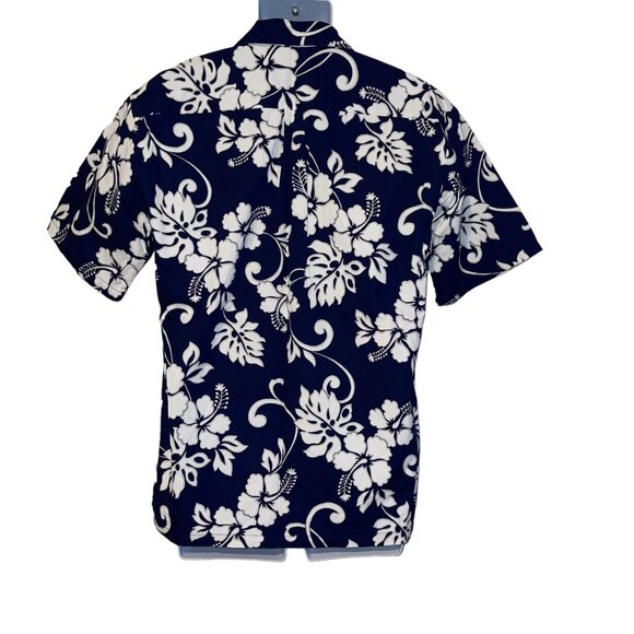 Retro Hilo Hattie Hawaiian Shirt Mens M Floral Plumeria Leaf Aloha Beach Blue - Picture 6 of 10